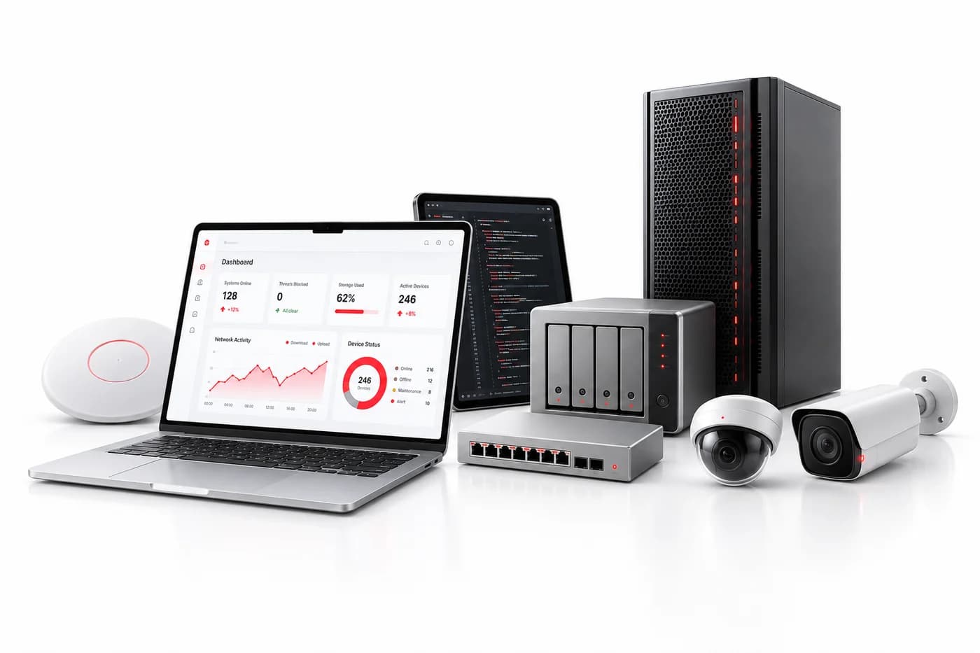 โน้ตบุ๊กสีเงินพร้อมซอฟต์แวร์ธุรกิจ เซิร์ฟเวอร์ NAS สวิตช์ Wi-Fi และกล้องวงจรปิด