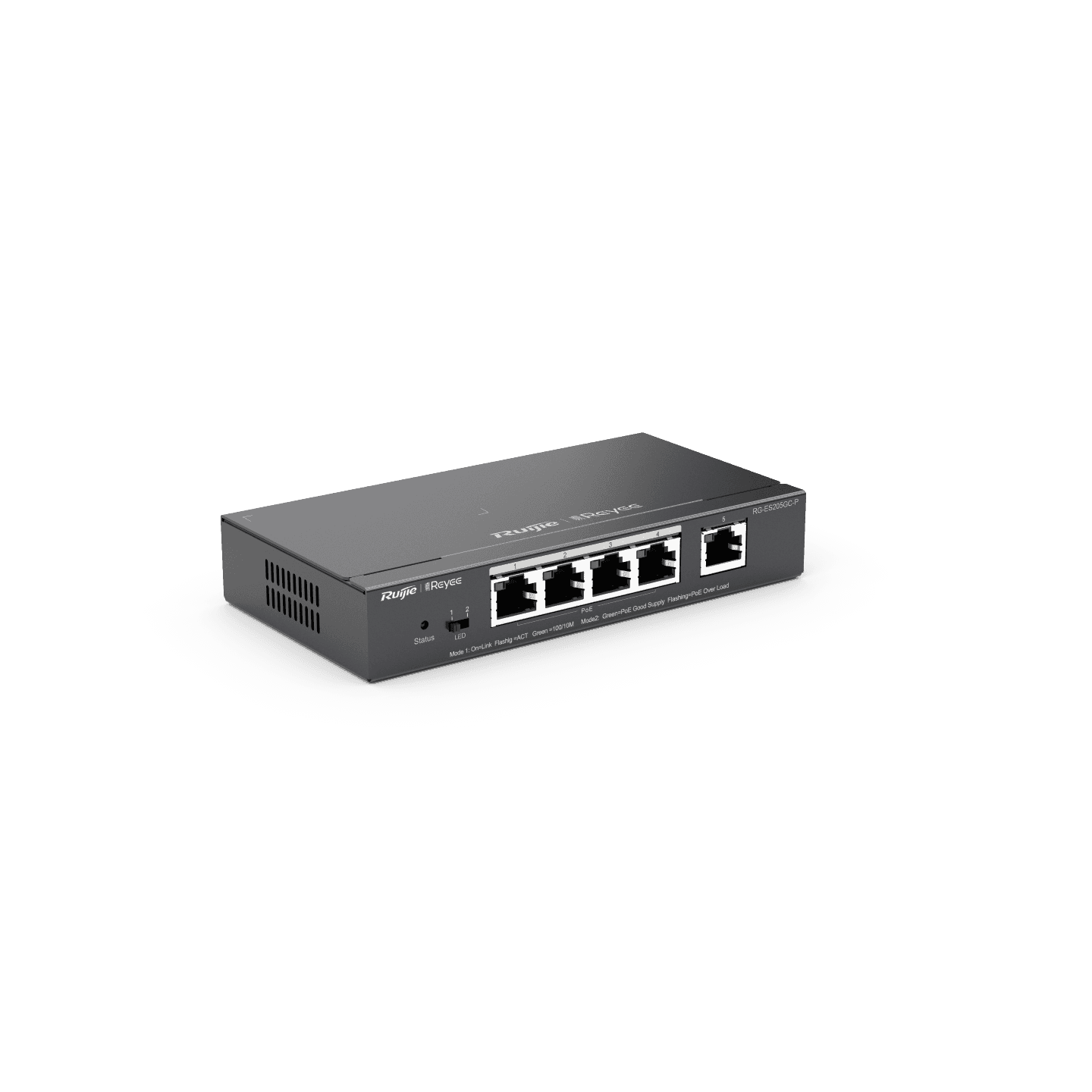 Reyee RG-ES205GC-P , 5-Port Gigabit Smart POE Switch, 5 Gigabit RJ45 Ports including 4 PoE/POE+ Ports, 54W PoE power budget, Desktop Steel Case