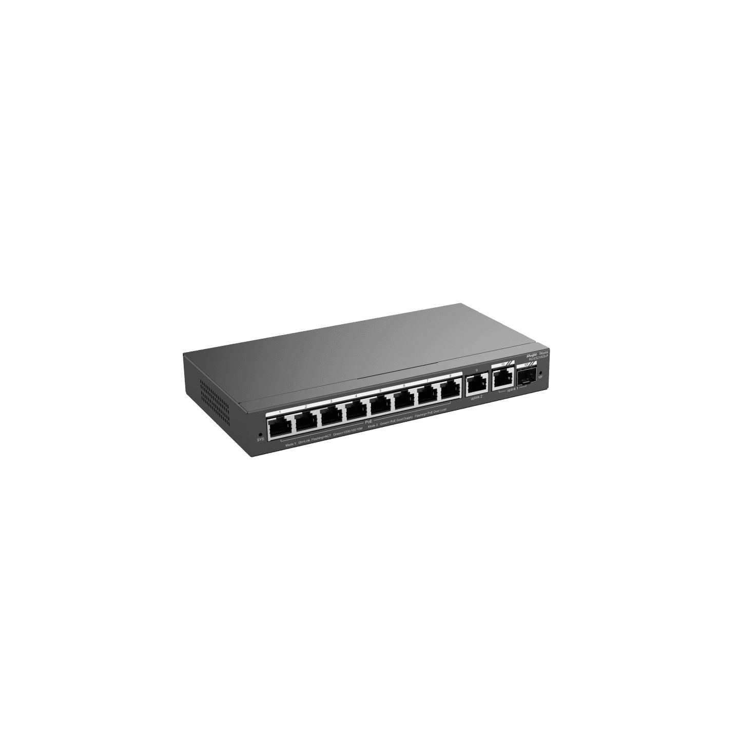 Reyee RG-ES210GS-P , 10-Port Gigabit Smart POE Switch, 8 PoE/POE+ Gigabit RJ45 Ports with 1 Gigabit RJ45/1 combo SFP uplink ports,,120W PoE power budget, Desktop Steel Case