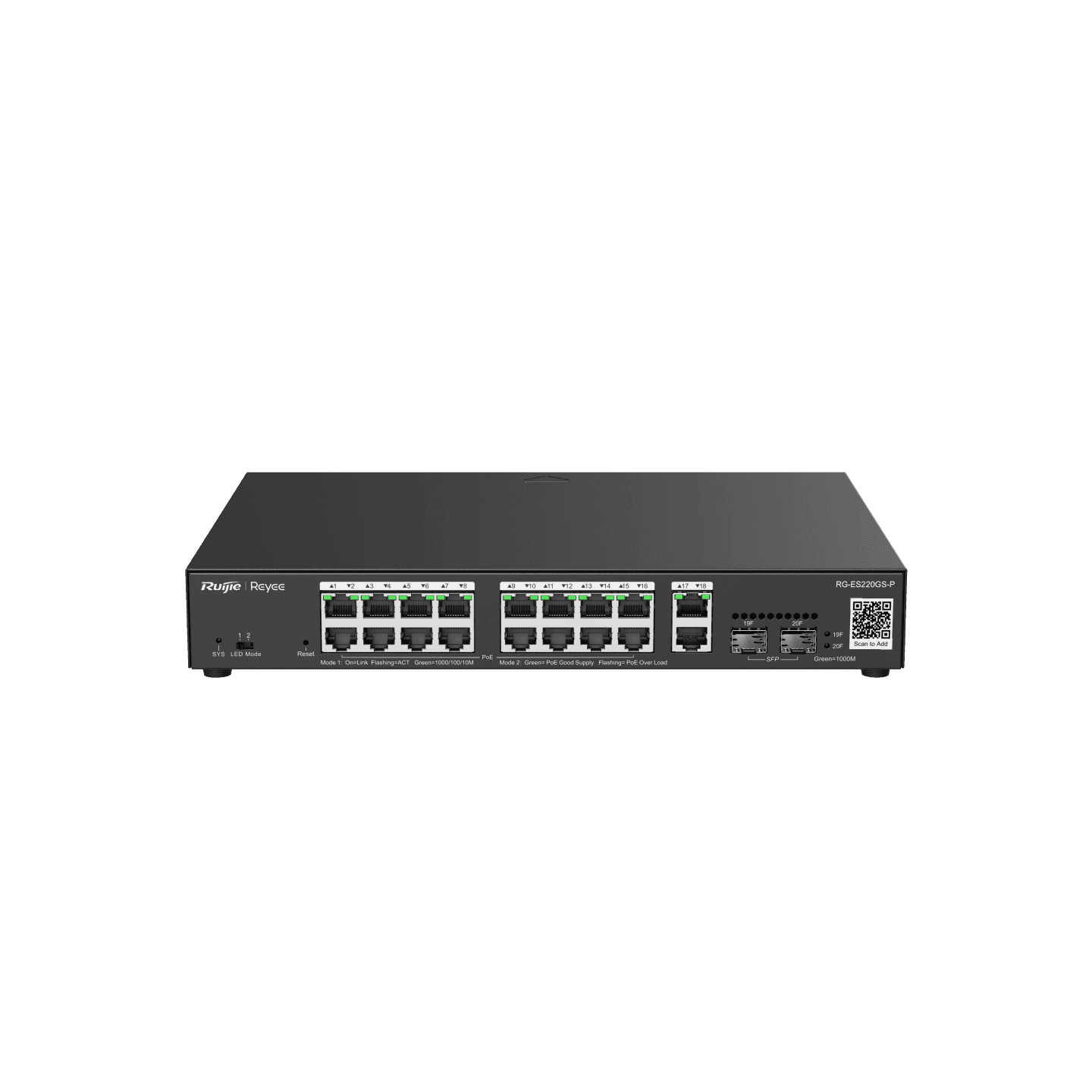 Reyee RG-ES220GS-P , 20-Port Gigabit Smart POE Switch, 16 PoE/POE+ Ports with 2 Gigabit RJ45/2 SFP uplink ports, 250W PoE power budget, Desktop Steel Case