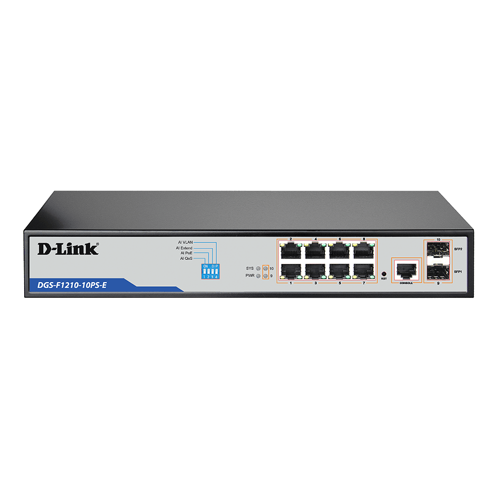 D-Link DGS-F1210-10PS-E 10-Port Gigabit Smart Managed 250m PoE+ (142W) Switch with 2 SFP