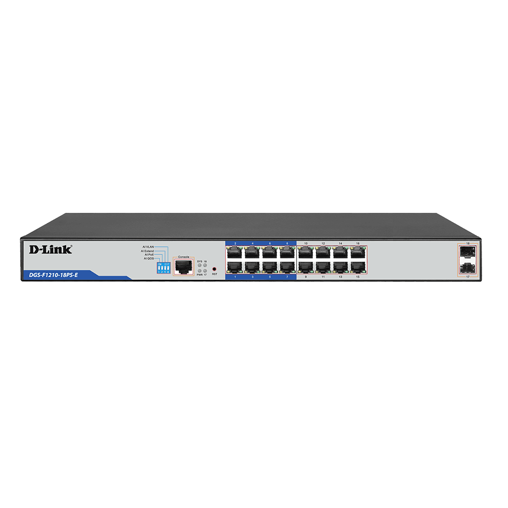 D-Link DGS-F1210-18PS-E 18-Port Gigabit Smart Managed 250m PoE+ (135W) Switch with 2 SFP