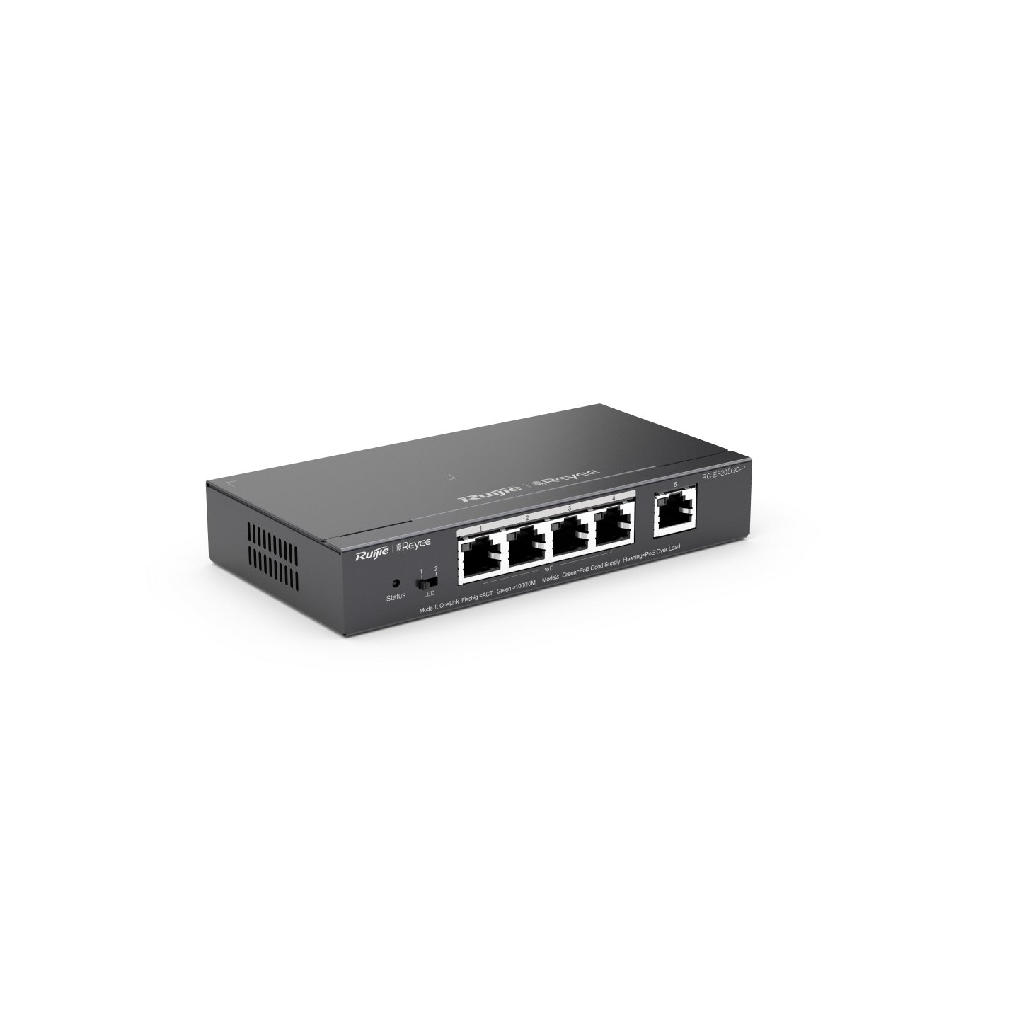 Reyee RG-ES205GC-P , 5-Port Gigabit Smart POE Switch, 5 Gigabit RJ45 Ports including 4 PoE/POE+ Ports, 54W PoE power budget, Desktop Steel Case