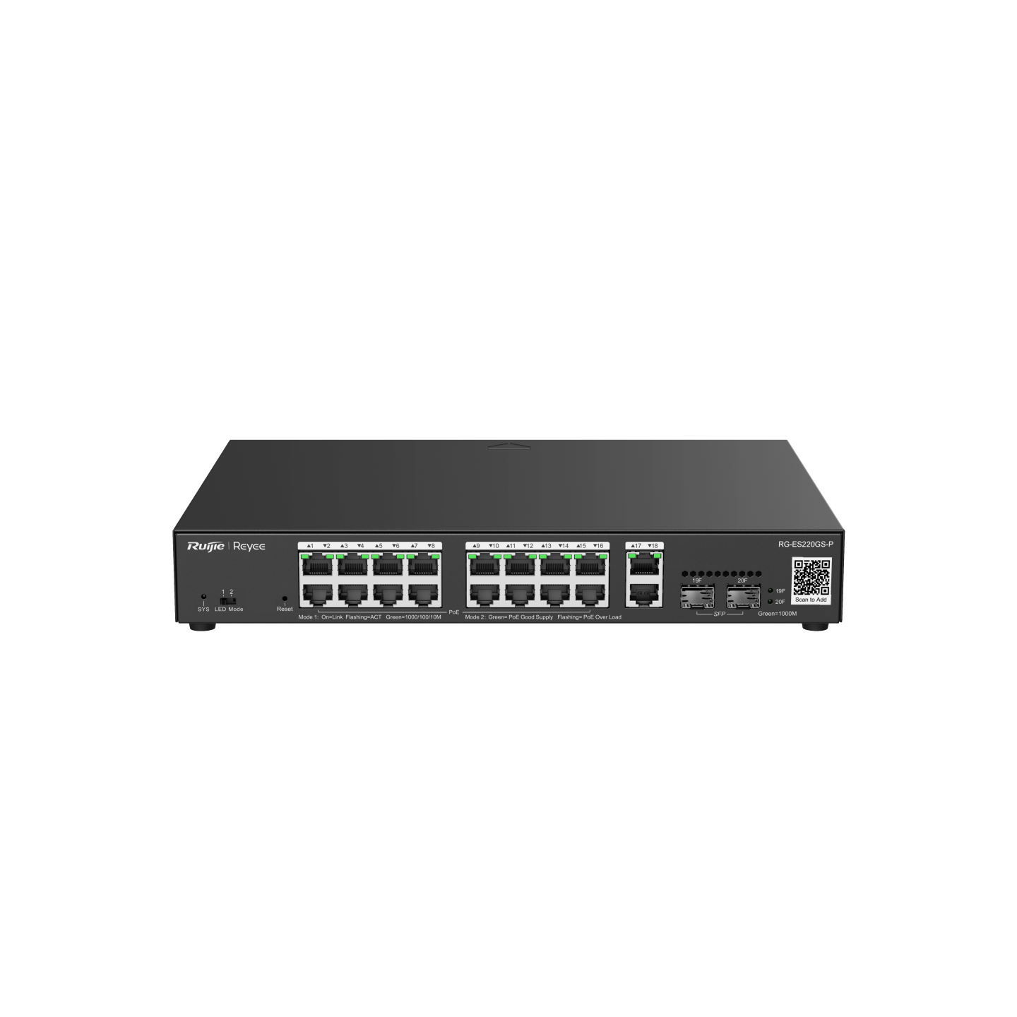 Reyee RG-ES220GS-P , 20-Port Gigabit Smart POE Switch, 16 PoE/POE+ Ports with 2 Gigabit RJ45/2 SFP uplink ports, 250W PoE power budget, Desktop Steel Case