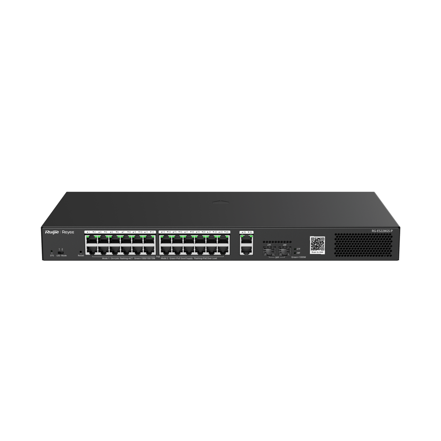 Reyee RG-ES228GS-P , 28-Port Gigabit Smart POE Switch, 24 PoE/POE+ Gigabit RJ45 Ports with 2 Gigabit RJ45/2 SFP uplink ports,370W PoE power budget, Desktop Steel Case