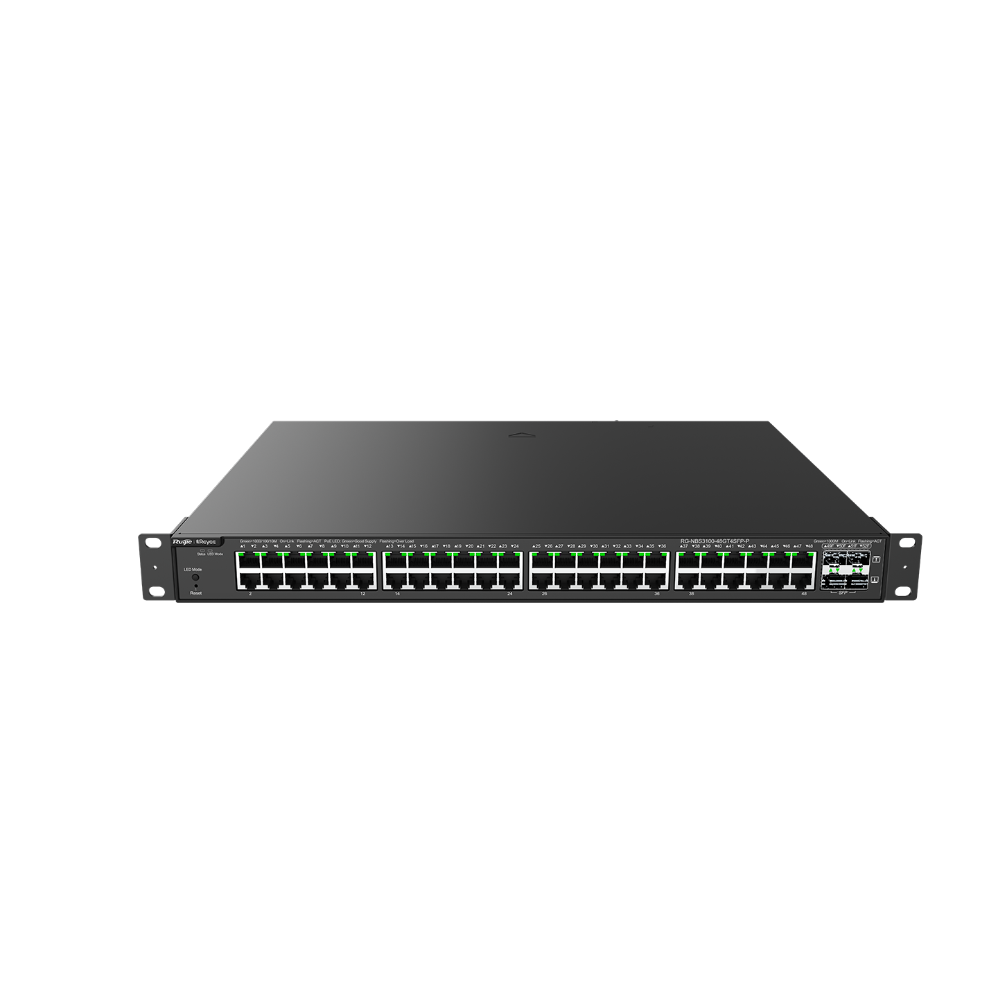 Reyee RG-NBS3100-48GT4SFP-P , 48 × 10/100/1000Base-T copper ports with auto-negotiation, 4 × 1GE SFP ports, fixed single AC power supply, PoE/PoE+ power supply, 370 W PoE power supply