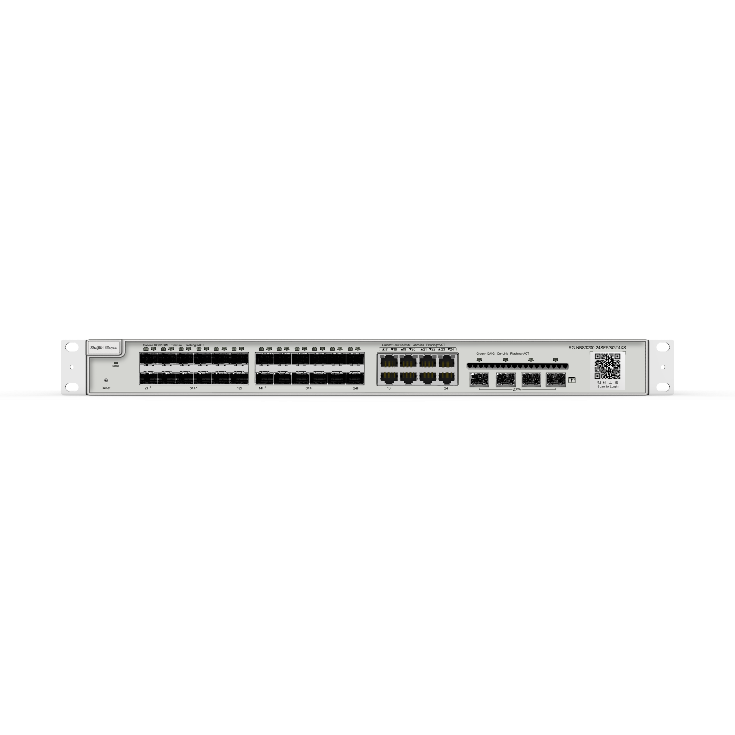 Reyee RG-NBS3200-24SFP/8GT4XS , 24-Port SFP L2 Managed 10G Switch, 24 SFP Slots, 8 Gigabit RJ45 Combo Ports, 4 *10G SFP+ Slots, 19-inch Rack-mountable Steel Case